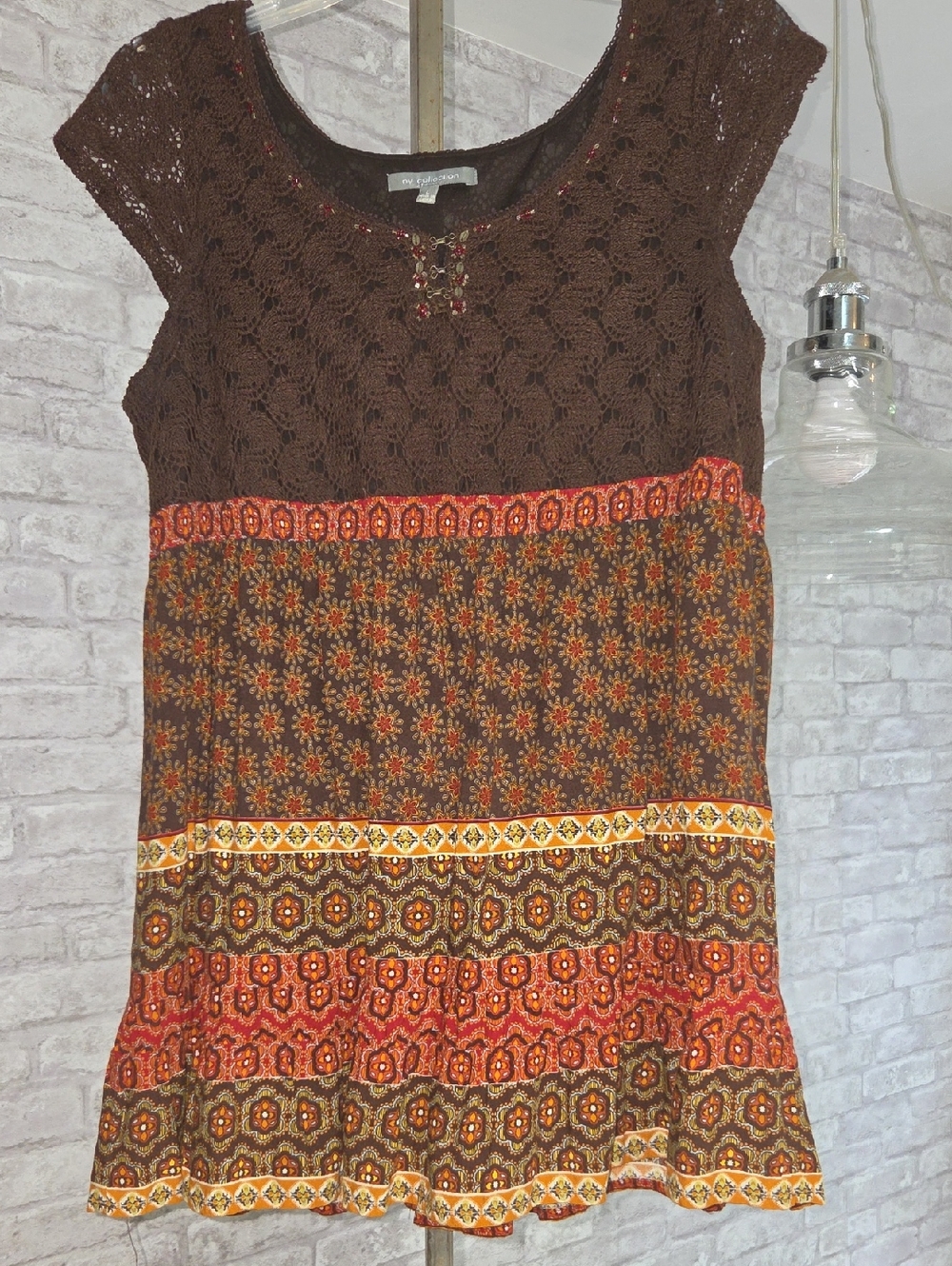 NY Collection Boho Brown Crochet Top/Dress with Orange and Yellow Print